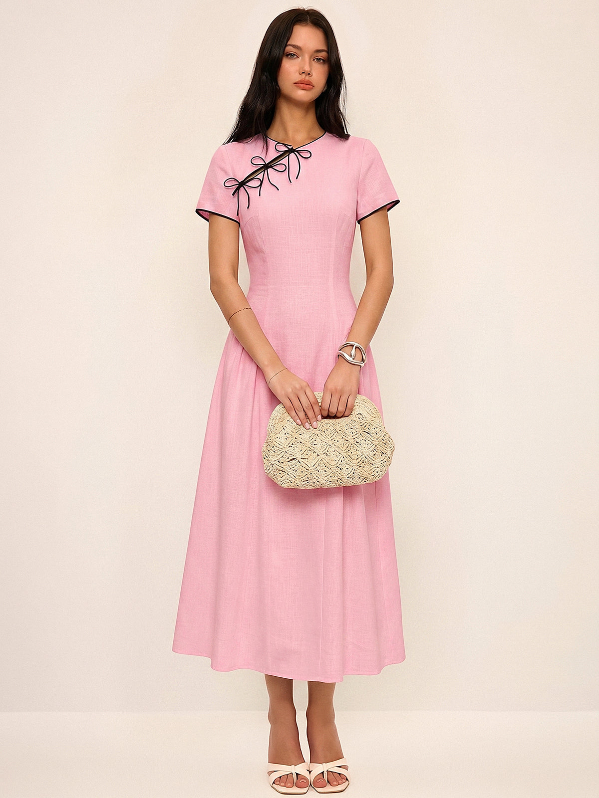 Midi-Cheongsam-Kleid aus Baumwolle mit Schleifendetail
