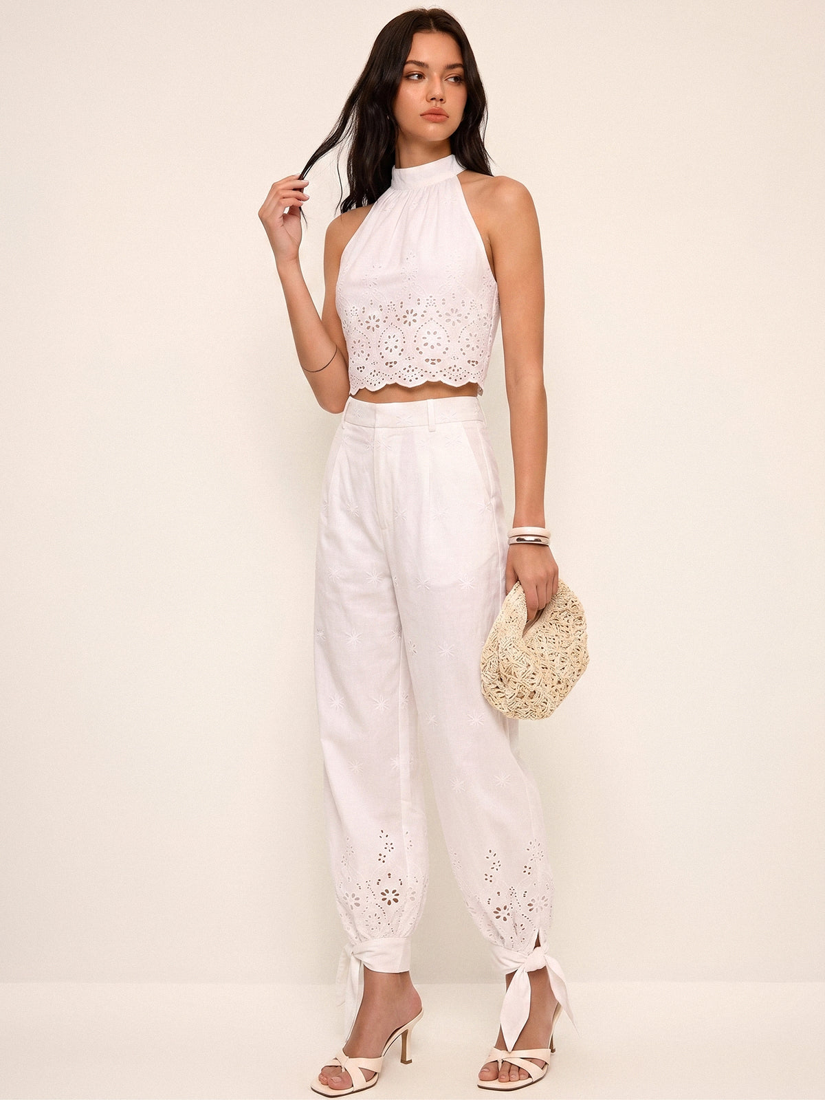 Eyelet Embroidery Top & Tie-Cuff Pants Set