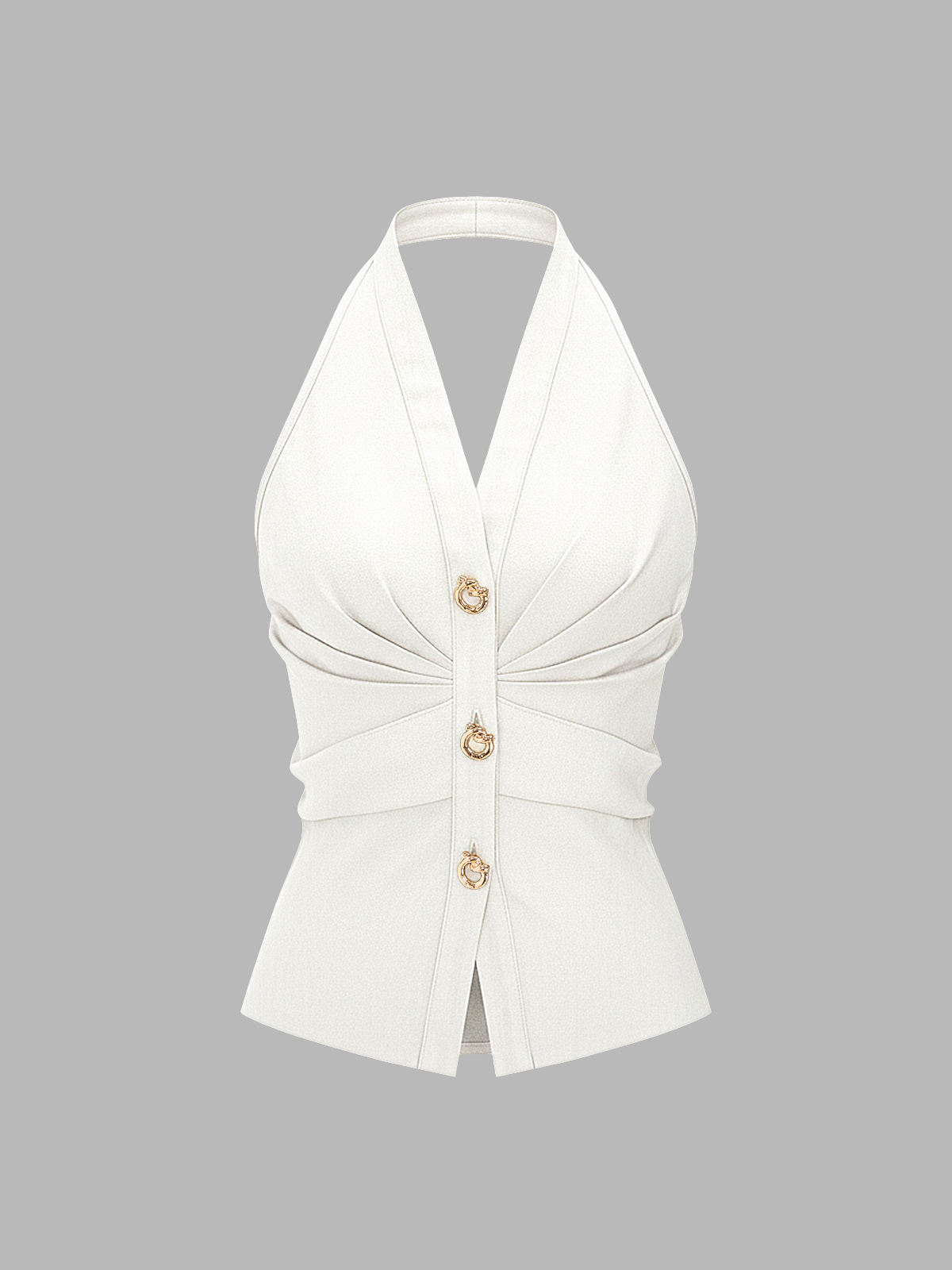 Metal Button Denim Halter Ruched Top