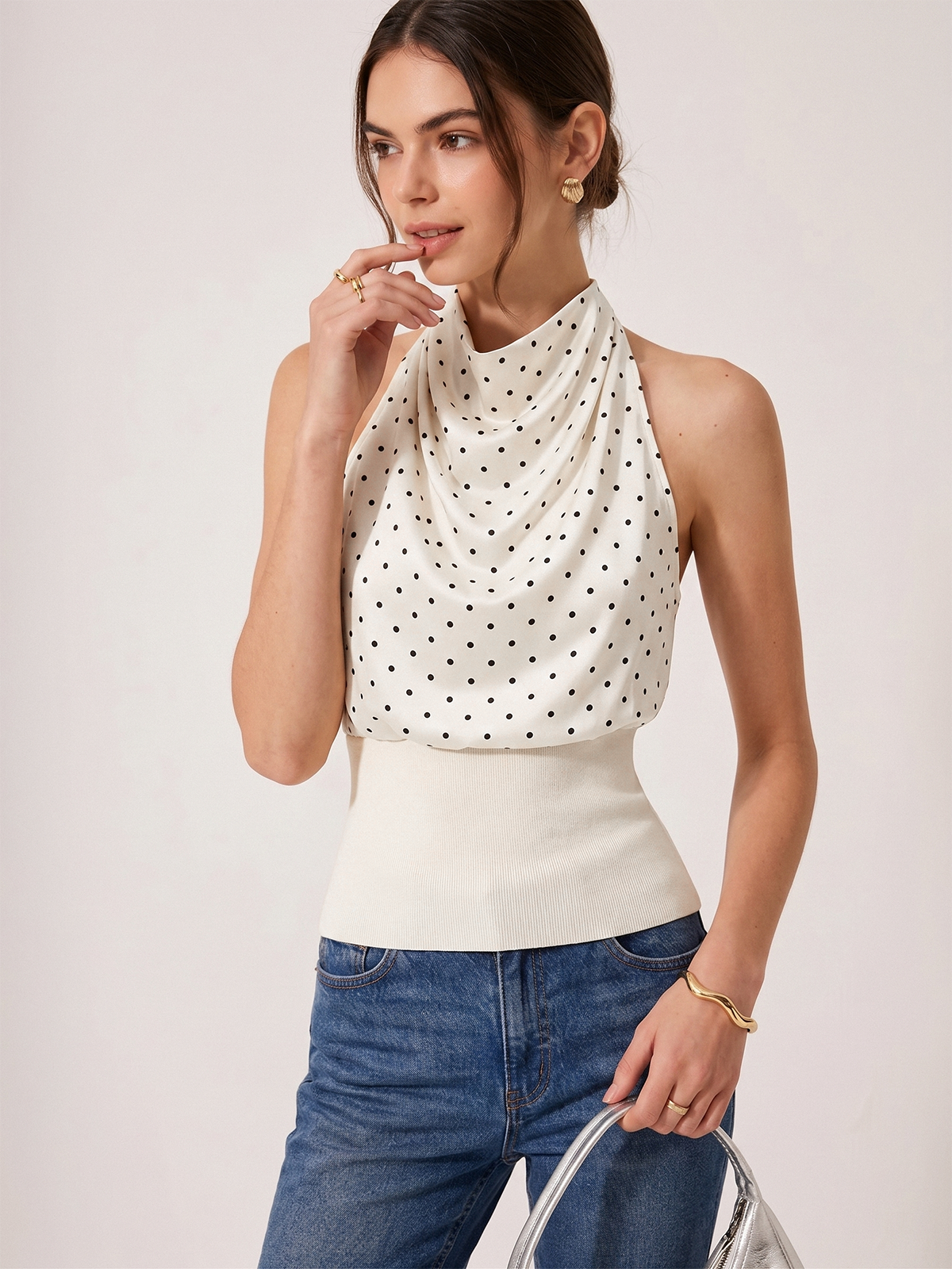 Polka Dot Cowl Neck Halter Tank Top