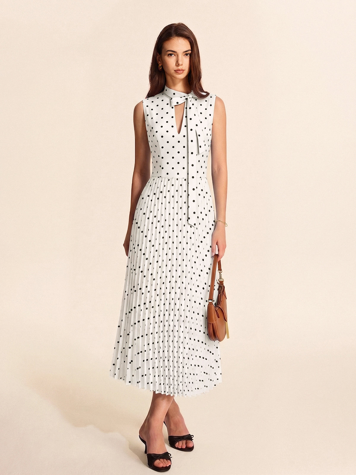 Polka Dot Sleeveless Pleated Dress with Neck Tie