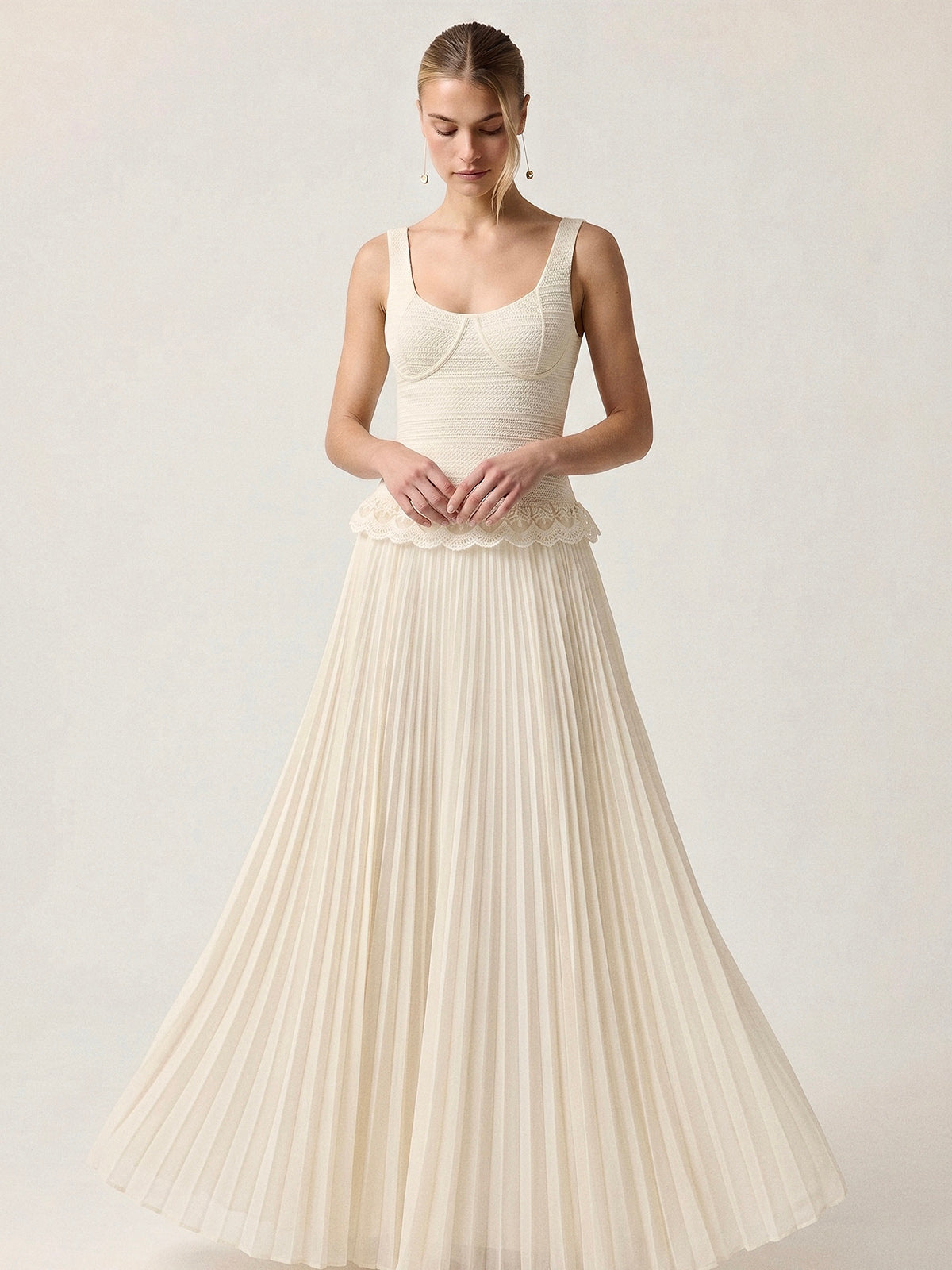 Lace Trim Textured Bodice Pleated Dress