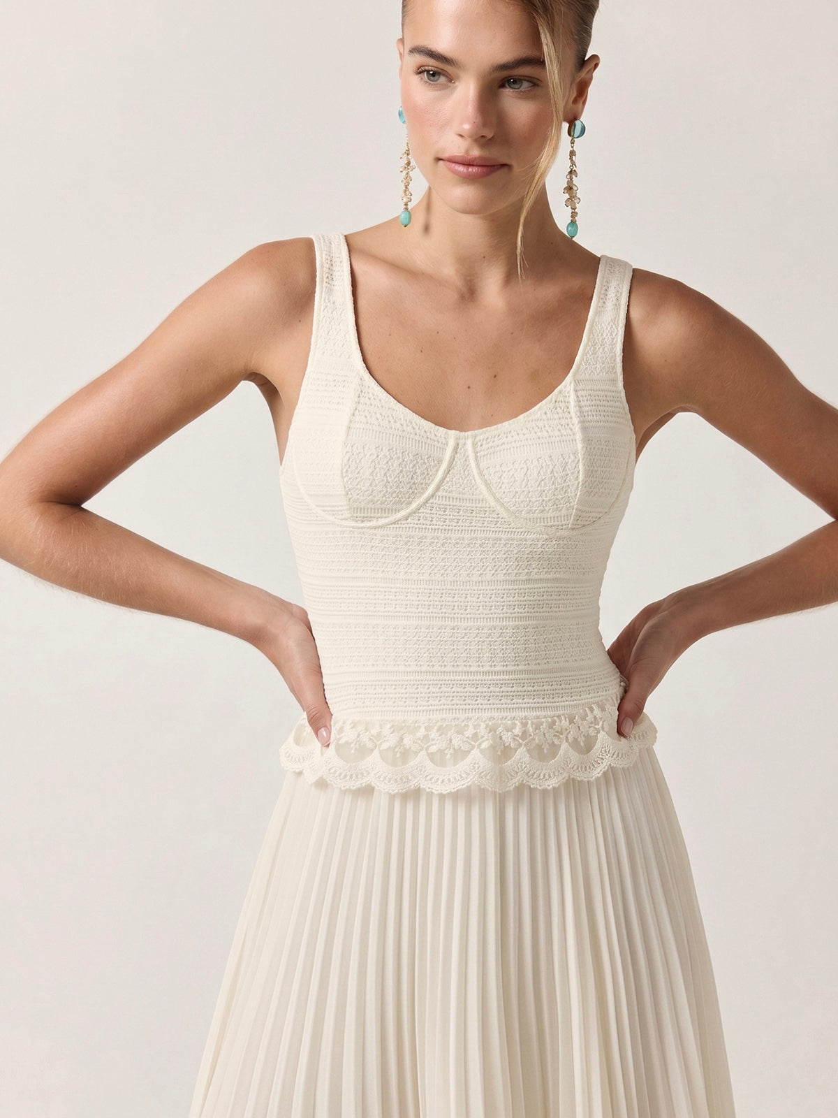 Lace Trim Textured Bodice Pleated Dress