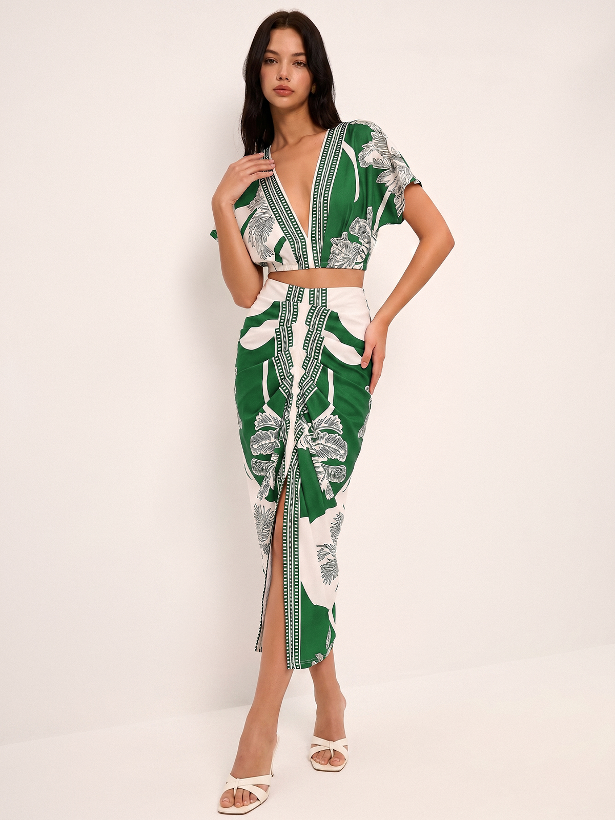 Printed V-Neck Top & Ruched Midi Skirt Set
