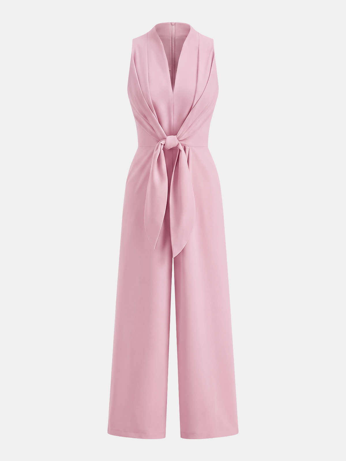 Ärmelloser Jumpsuit mit V-Ausschnitt, Bindegürtel und weitem Bein