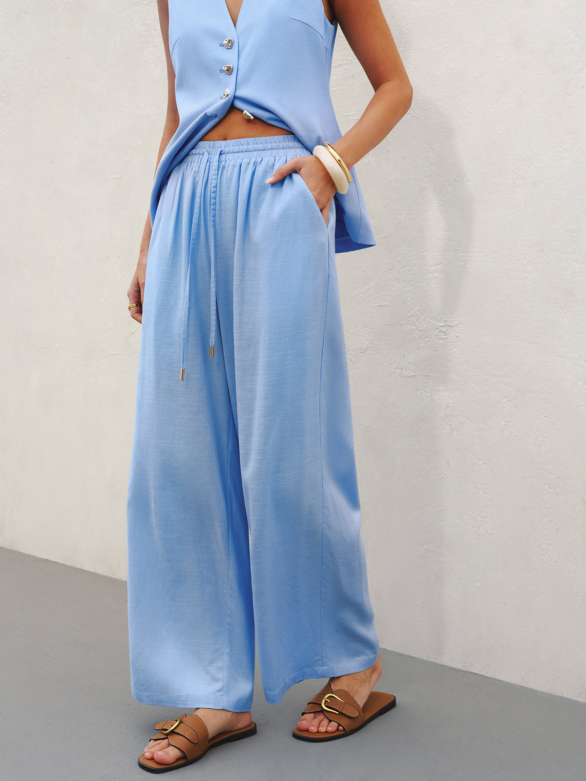 Linen Blend Vest & Wide-Leg Pants Set