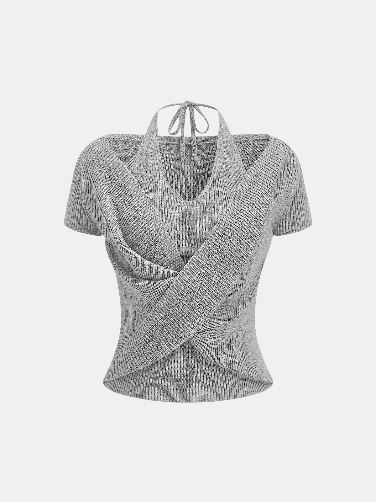 Neckholder-Wickel-Strick-Top mit kurzen Ärmeln