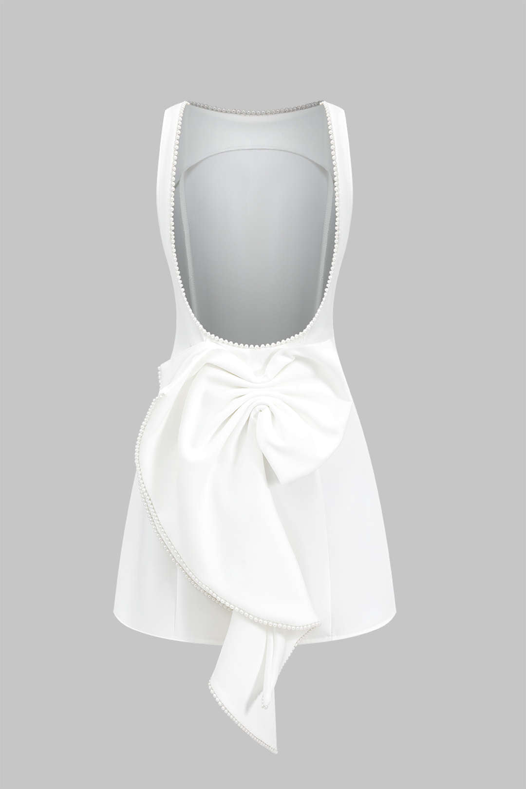 Pleated Bow Pearl Backless Zipper Sleeveless Mini Dress