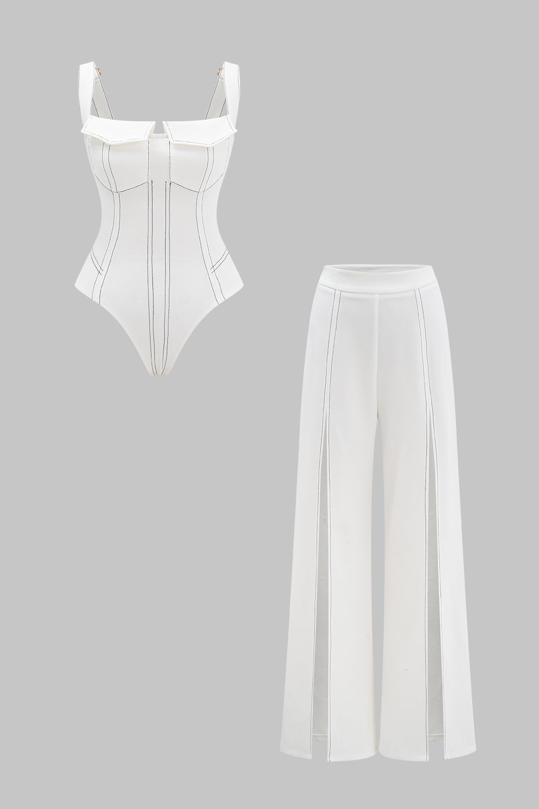Stitching Bodysuit And Wide Leg Trousers Set