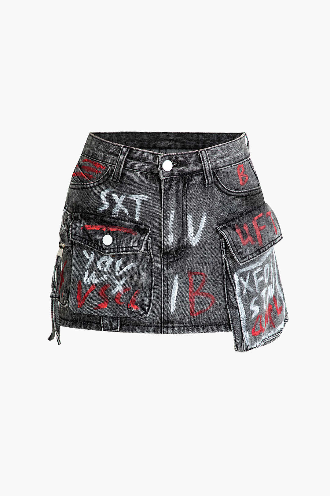 Graffiti Flap Pocket Denim Mini Skirt