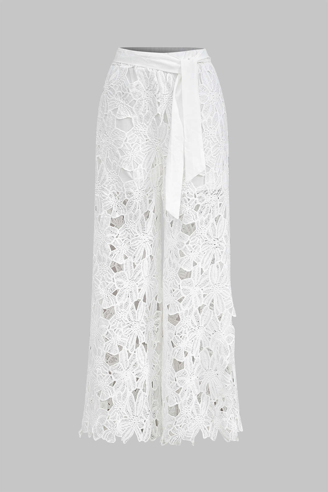 Hollow Out Lace Top And Tie Up Trousers Set