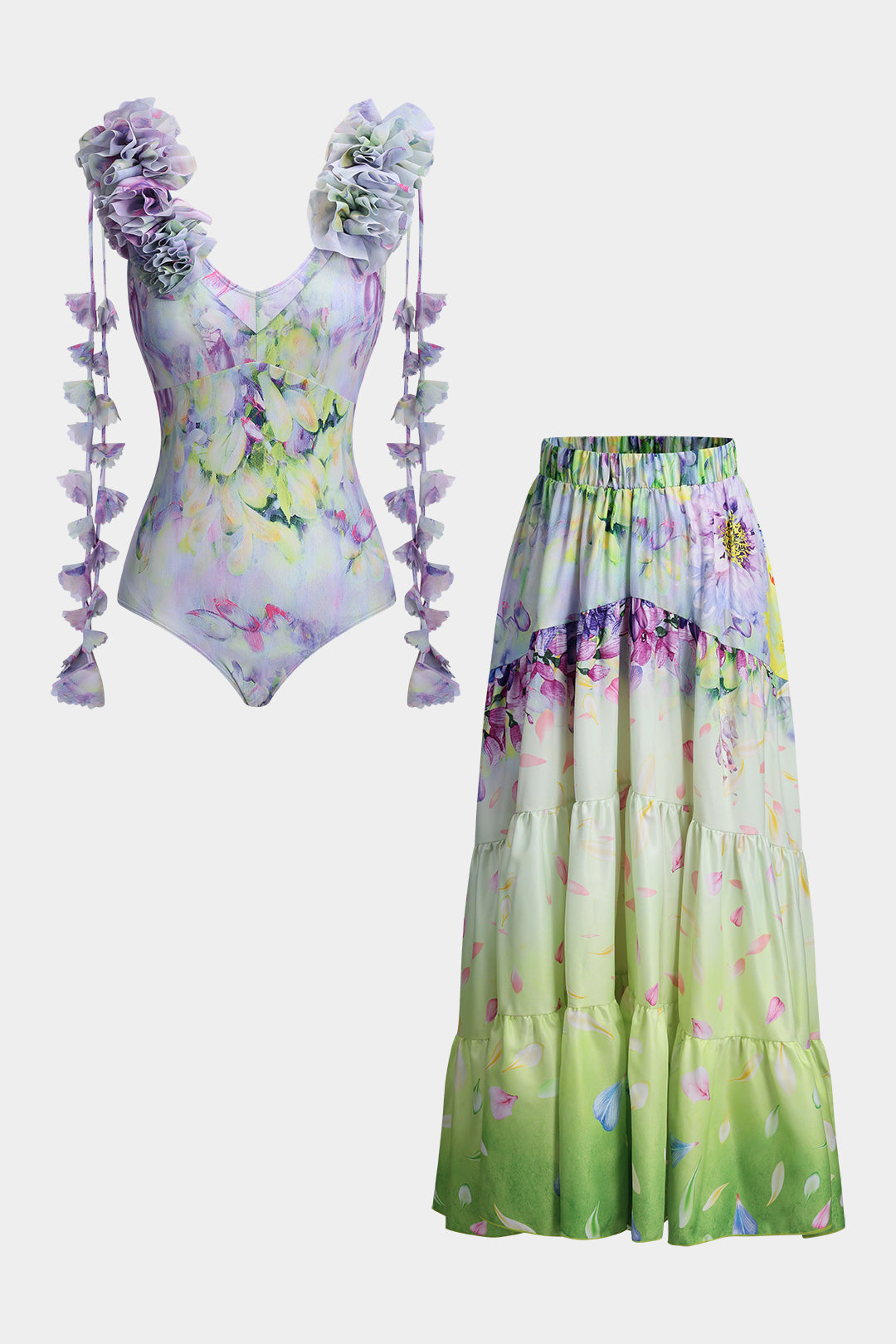 Floral Print Fringe Ruffle Tummy Control Swimwear And Ruched Cover Up Set