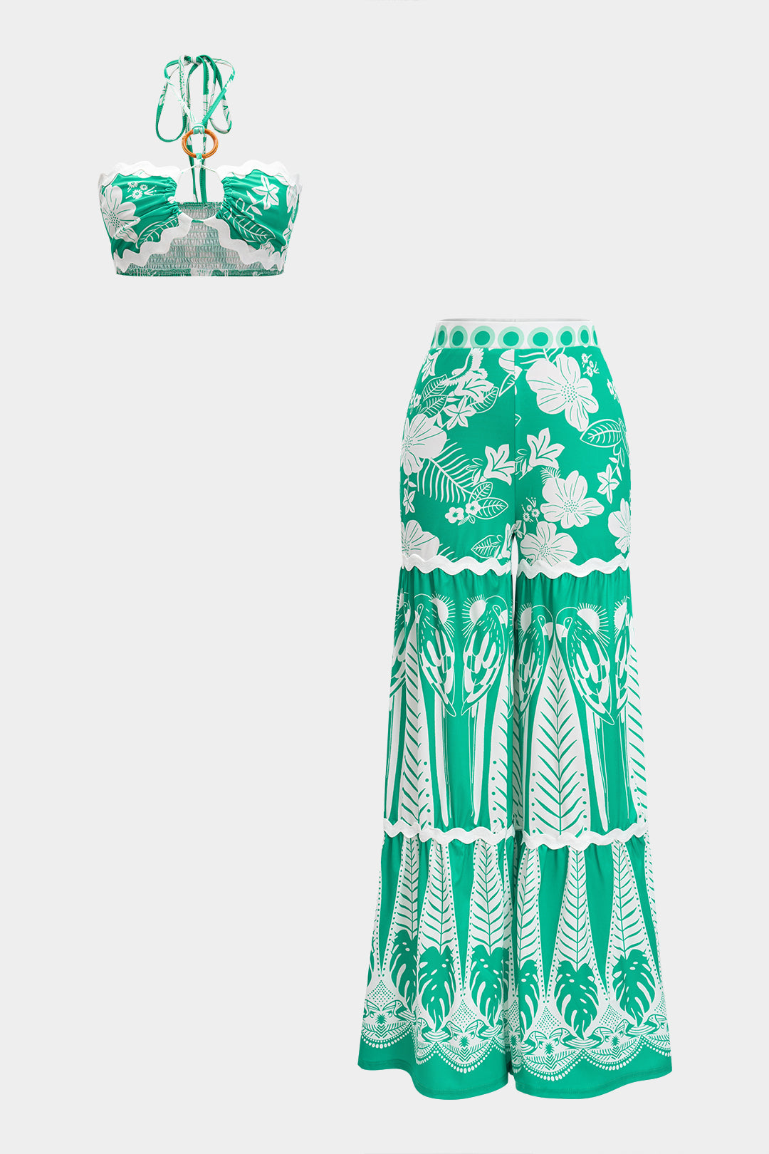 Floral Leaves Print Halter Neck Tie-Up Ring Decor Tank Top And Wide Leg Trousers Set