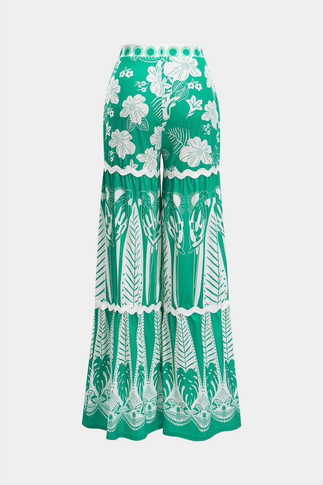 Floral Leaves Print Halter Neck Tie-Up Ring Decor Tank Top And Wide Leg Trousers Set