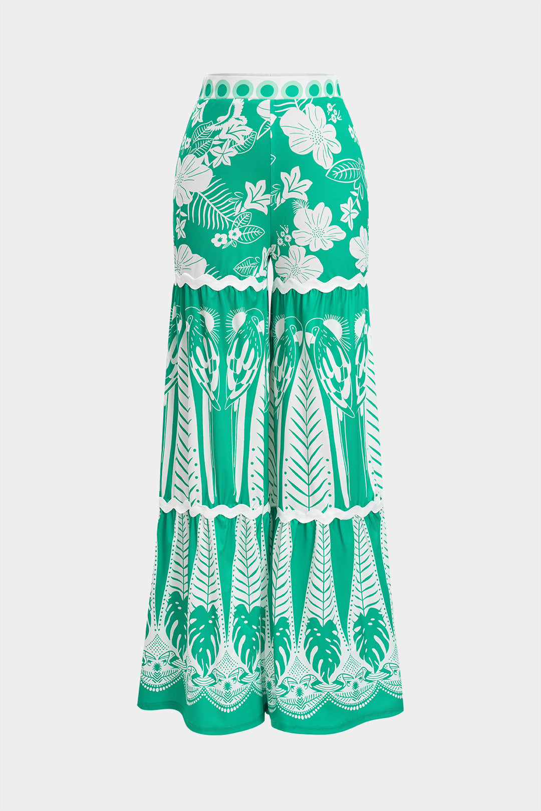 Floral Leaves Print Halter Neck Tie-Up Ring Decor Tank Top And Wide Leg Trousers Set