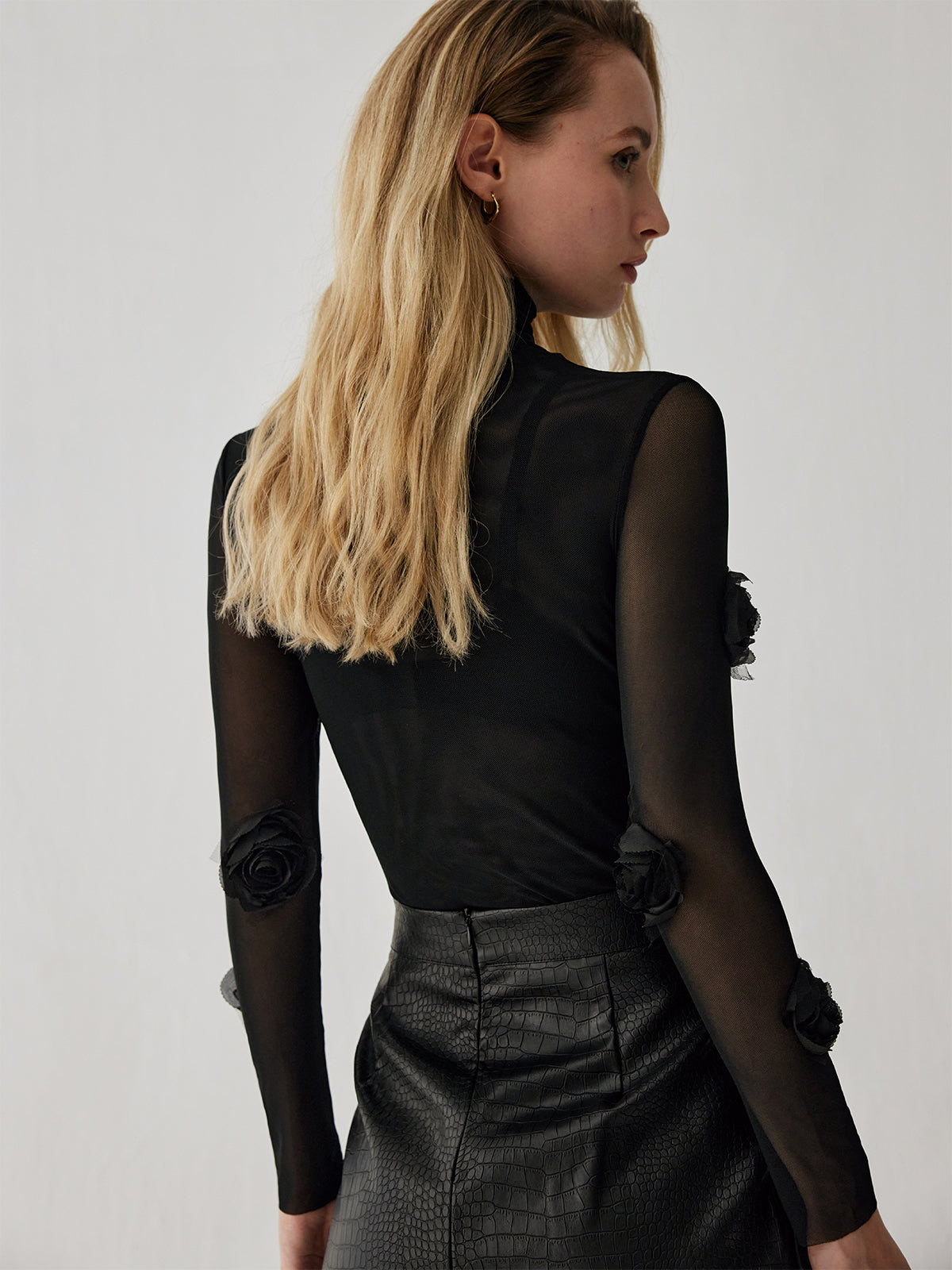 Semi-Sheer Turtleneck Three Dimensional Flower Decor Shirt