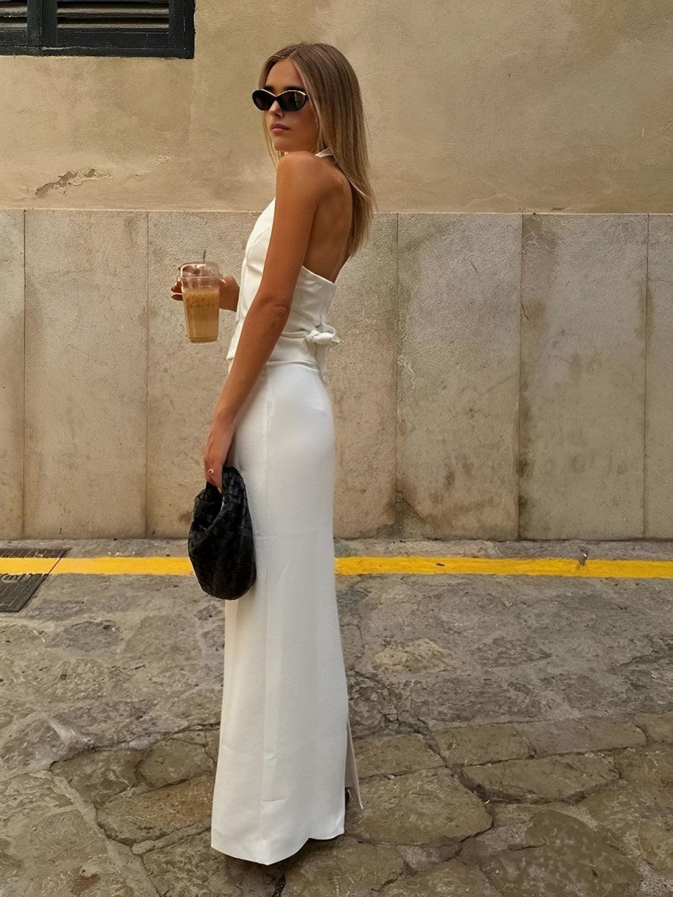 Ensemble haut dos nu à col V et jupe longue fendue 