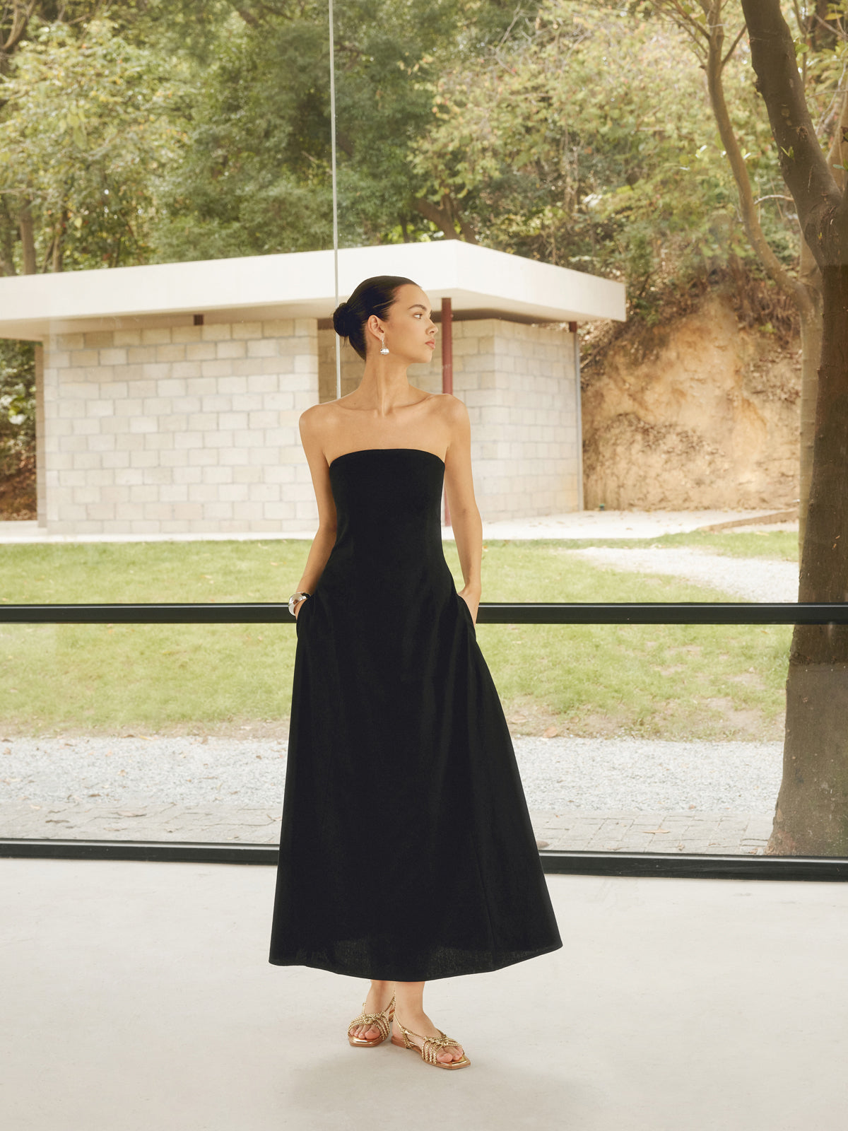 Robe longue tube basique à poches en lin mélangé