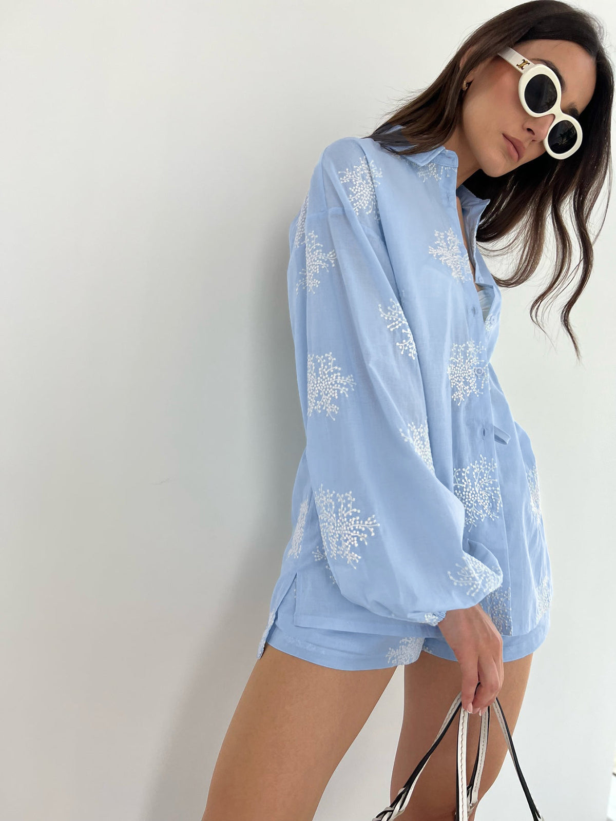 Semi-Sheer Plant Embroidery Casual Shorts Set