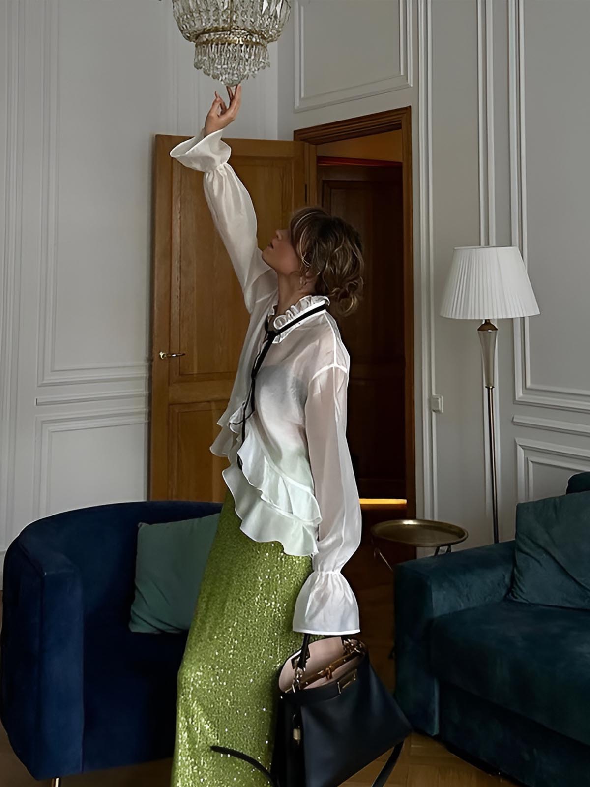 Semi-Sheer Tie-Neck Ruffle Shirt