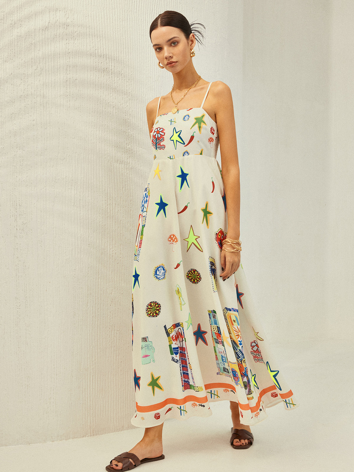 Adjustable Strap Print Dress With Pockets