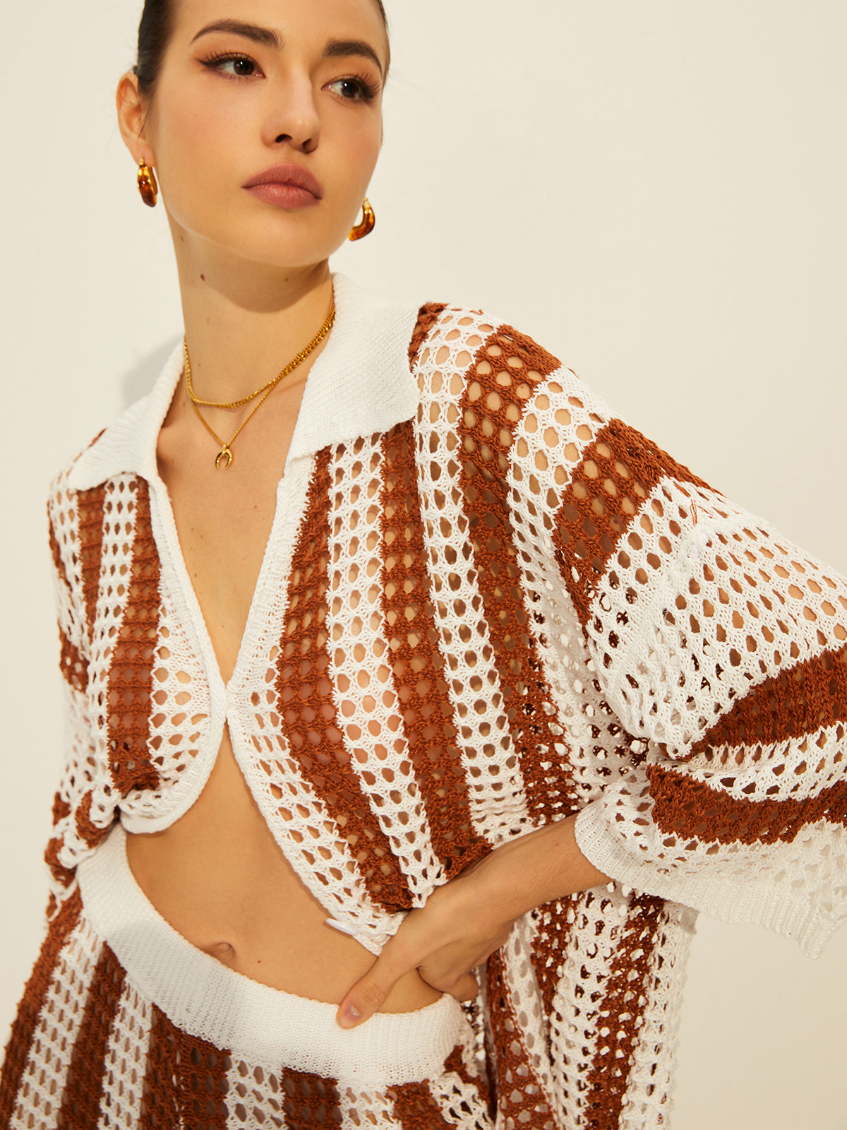 Sheer Stripe Polo Knit Pants Set