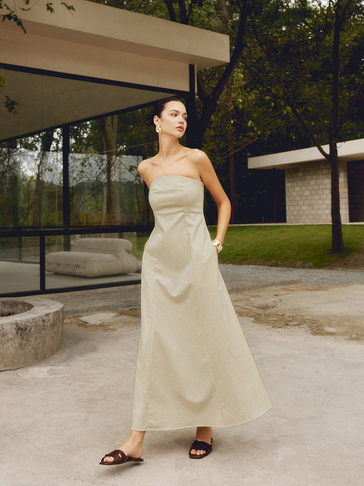 Robe longue à poches froncées en coton et lin 