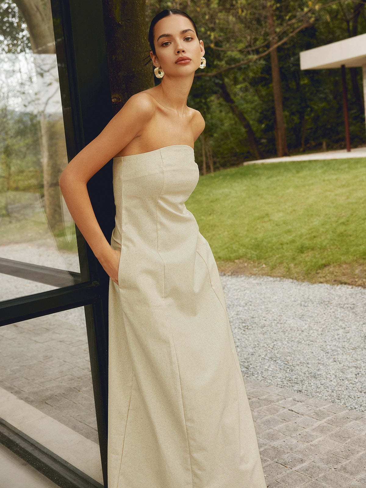 Robe longue à poches froncées en coton et lin 