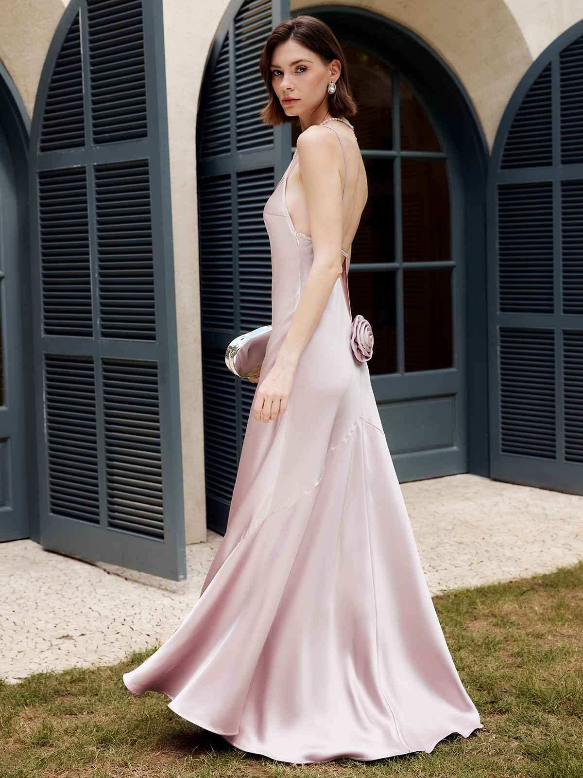 Rosette Plissee-Kleid mit rückenfreiem Cami-Trägerkleid 