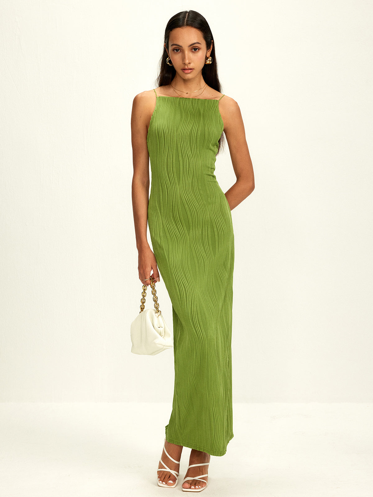 Robe moulante côtelée fendue à bretelles fines 