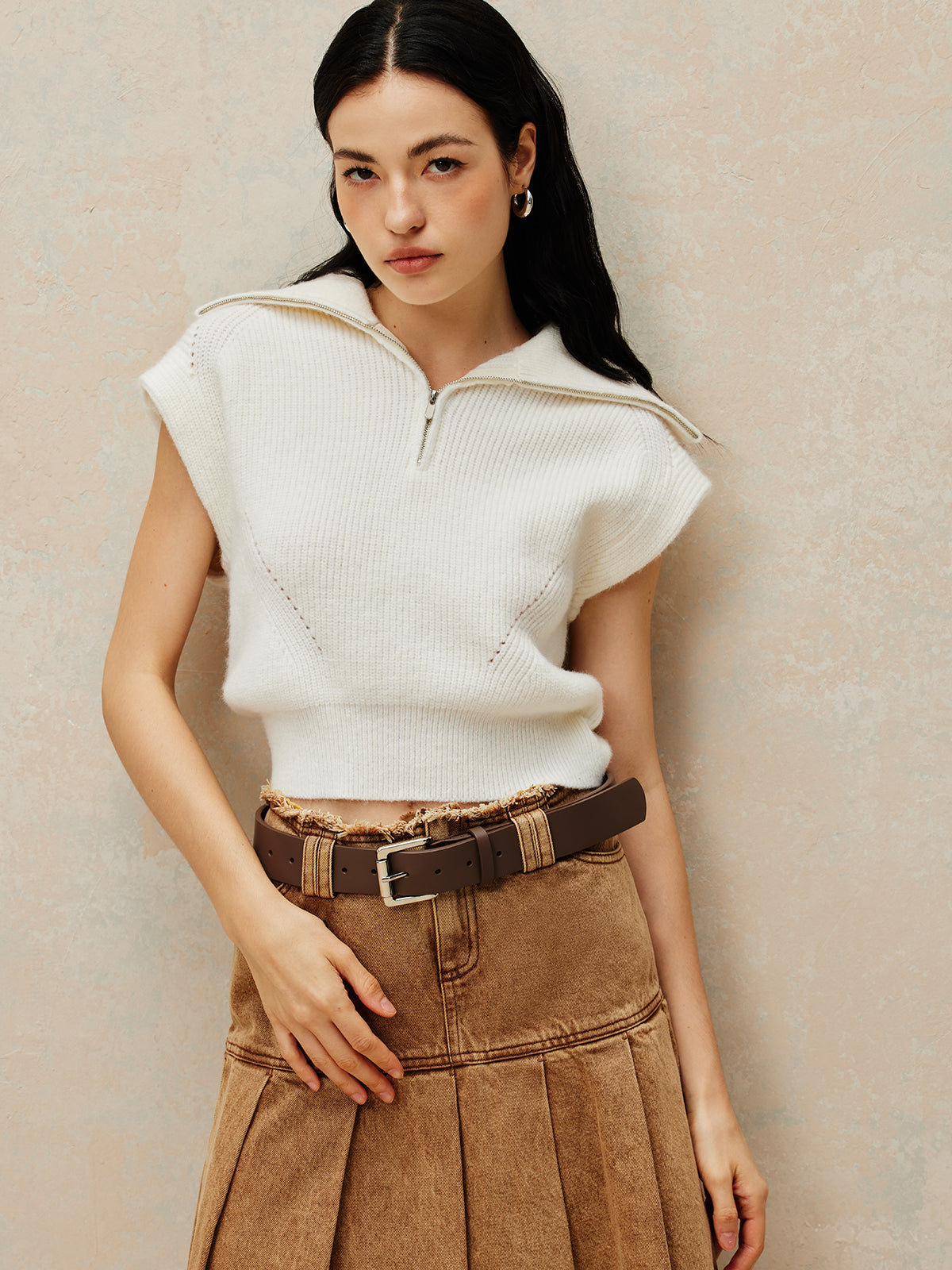 Gilet sans manches à revers côtelé et fermeture éclair 