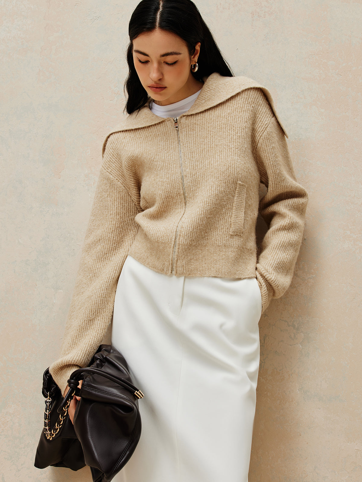 Vêtements d'extérieur en maille duveteuse avec fermeture éclair 