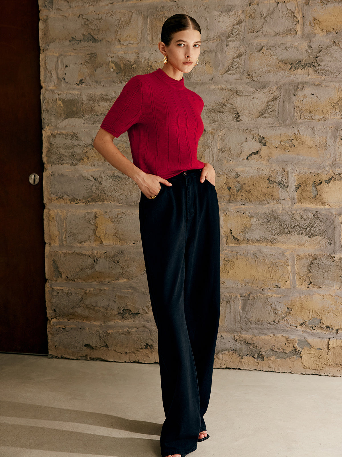 Haut rétro uni en maille côtelée