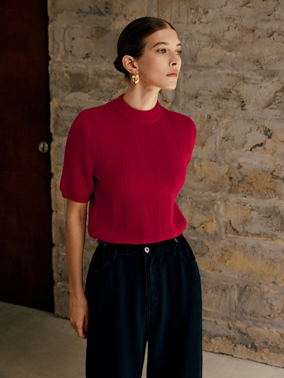 Haut rétro uni en maille côtelée