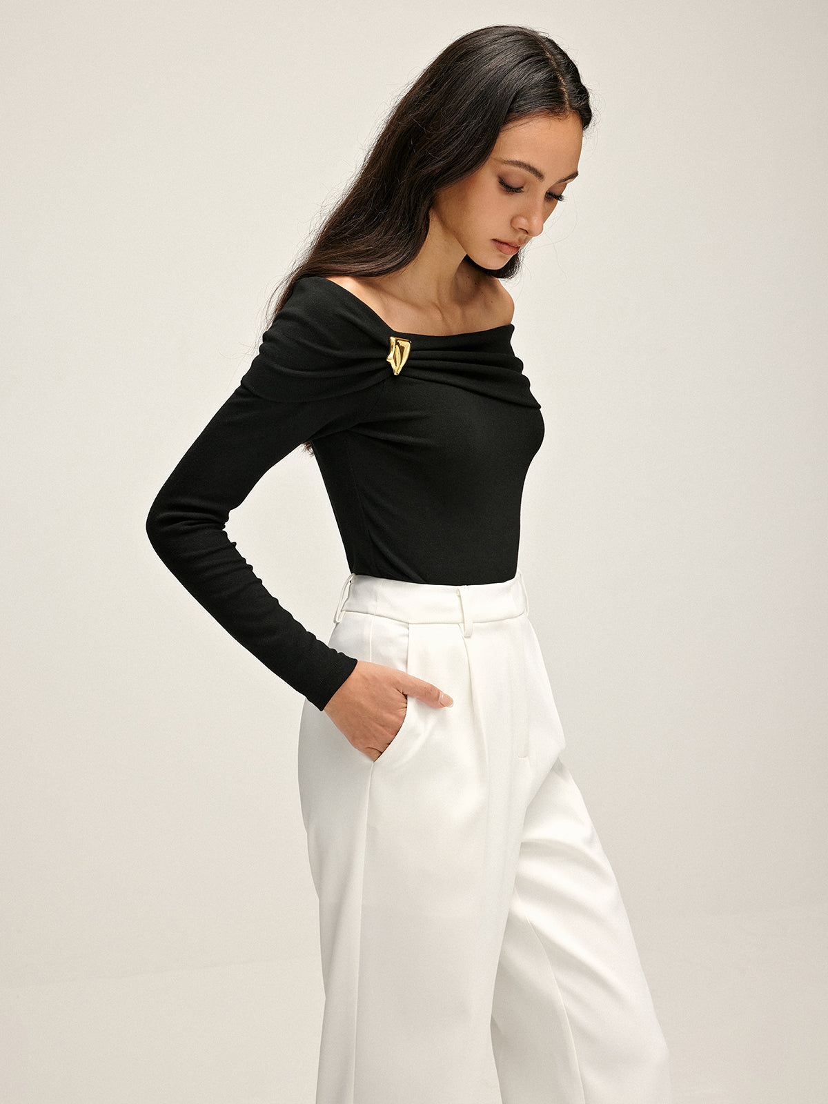 Pleated Off Shoulder T-Shirt
