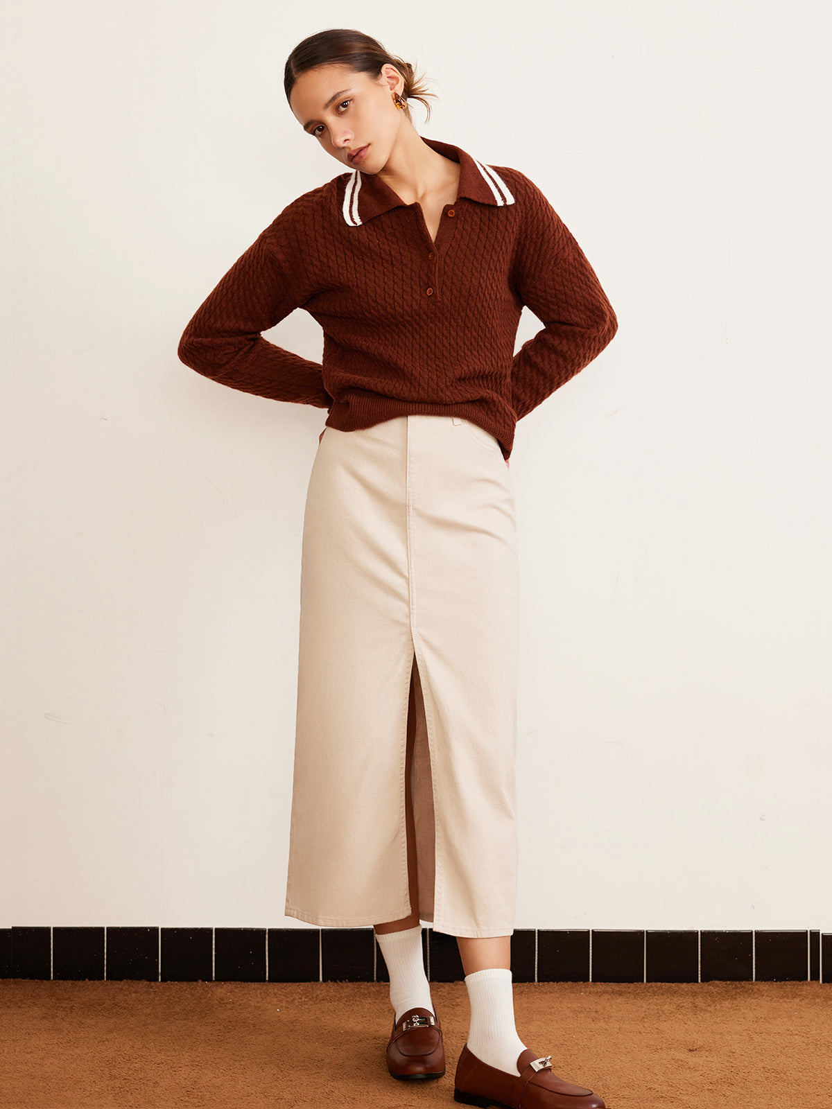 Pull polo à boutons en maille torsadée 