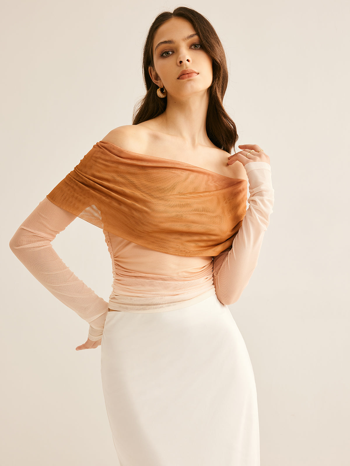 Semi-Sheer Off-Shoulder Mesh Gradient Blouse
