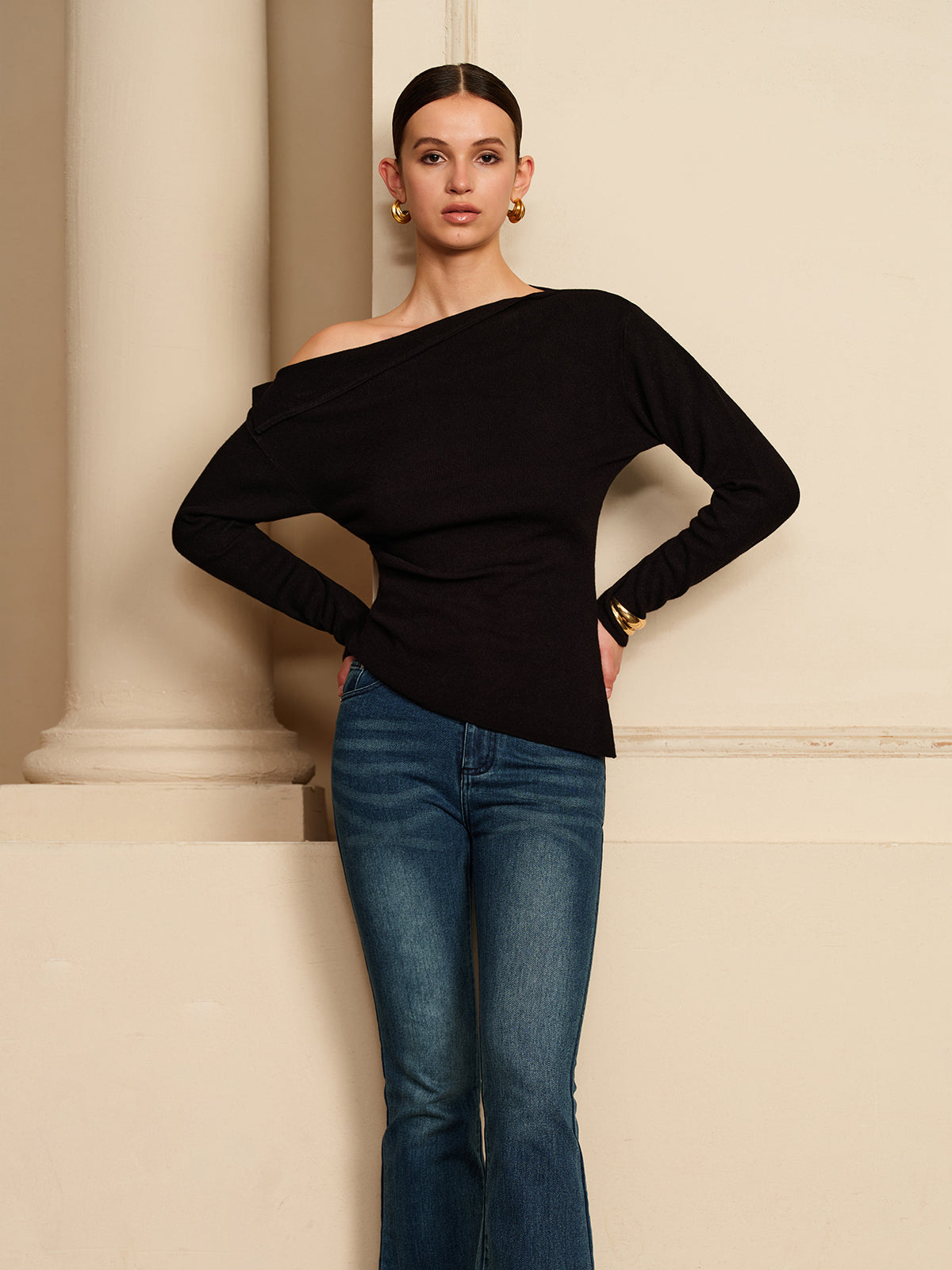Asymmetrisches, plissiertes Stretch-T-Shirt 