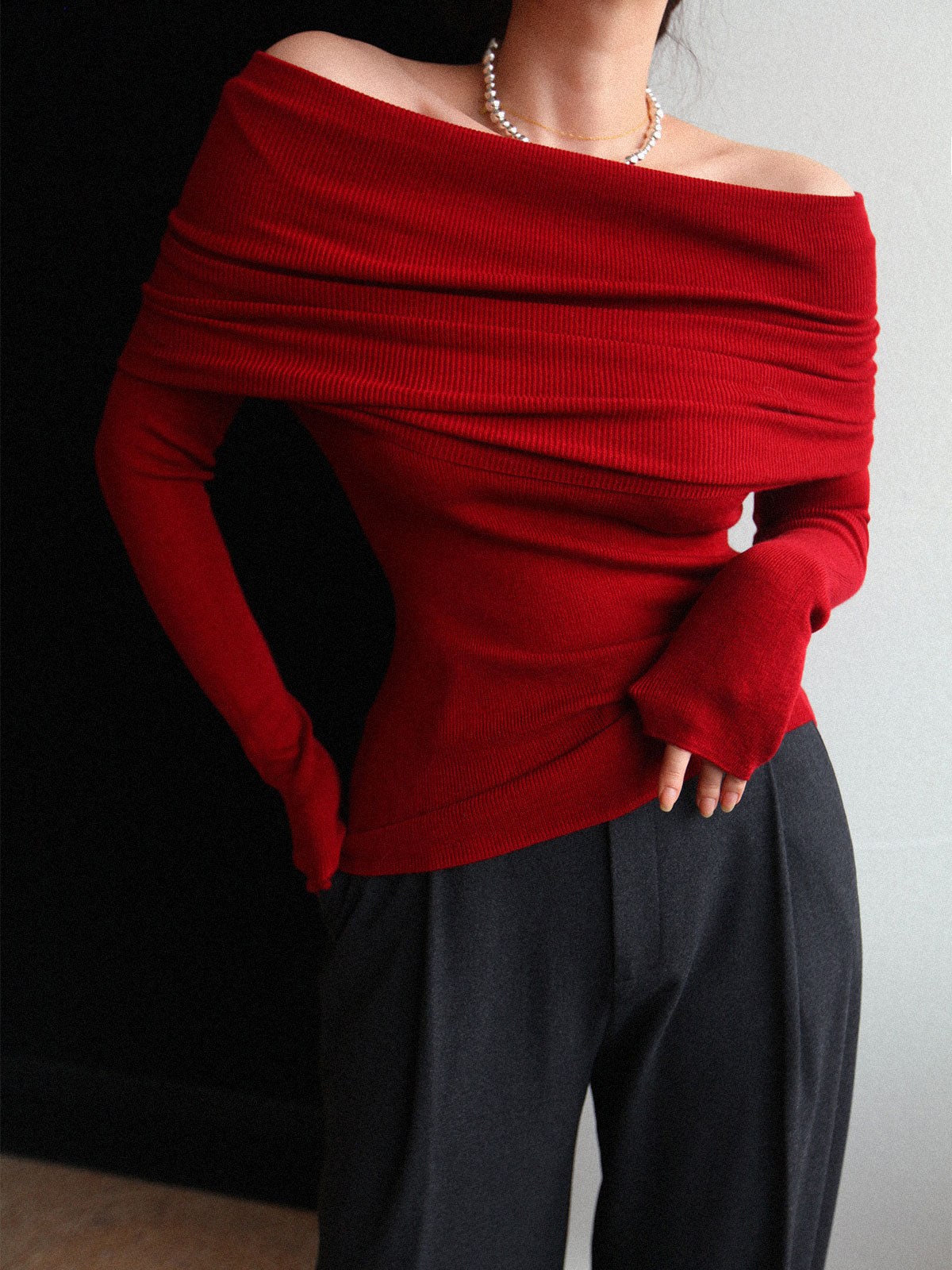 Pull élégant froncé slim en laine mélangée 