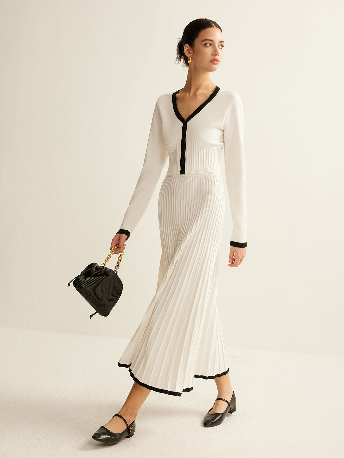 Ensemble jupe plissée en maille à bordure contrastée 