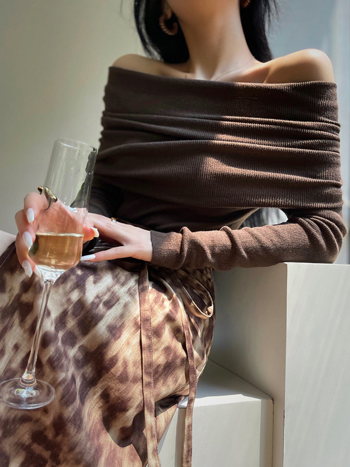 Pull élégant froncé slim en laine mélangée 