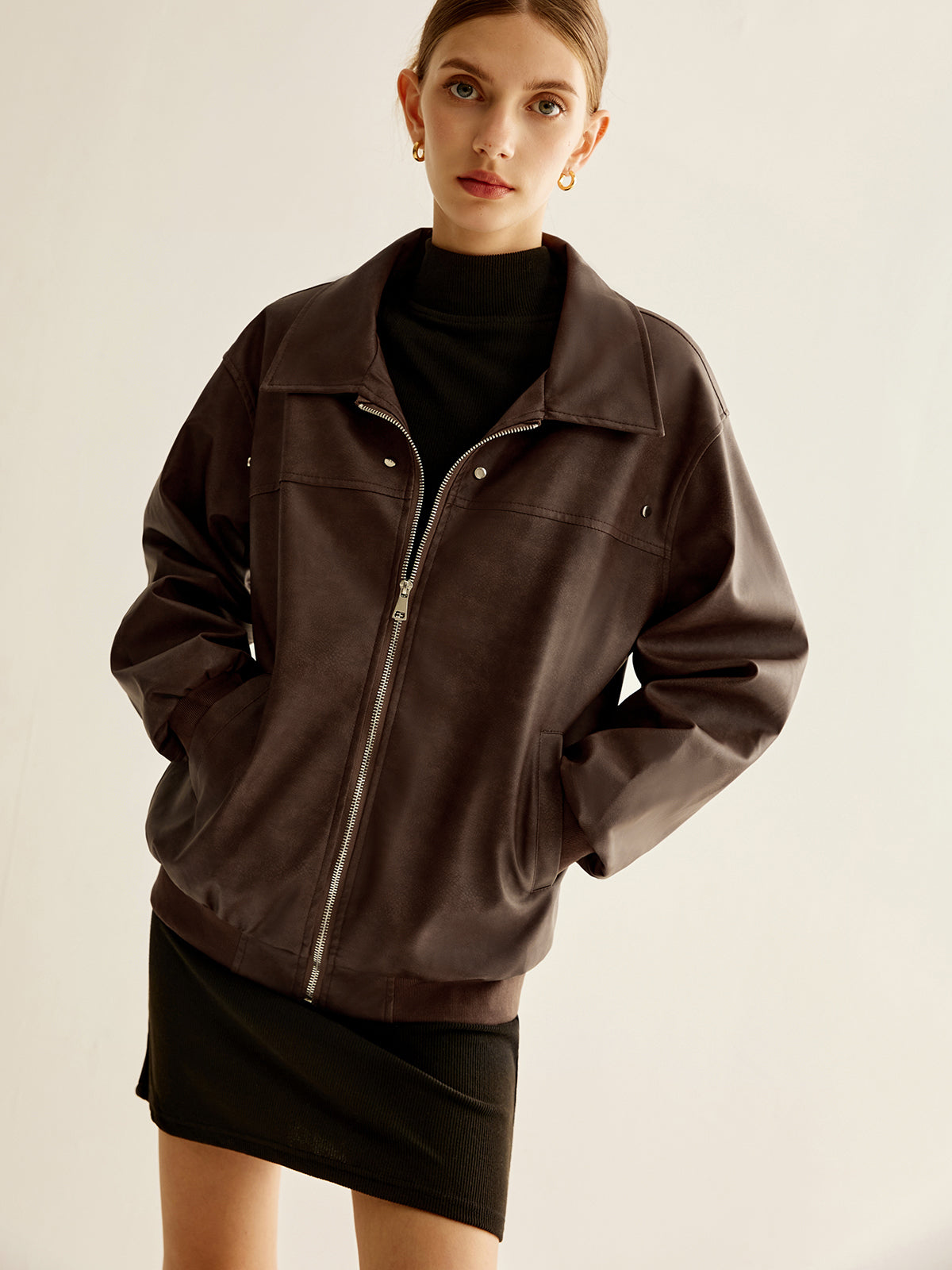 Reißverschluss-Schaltjacke aus PU-Leder 