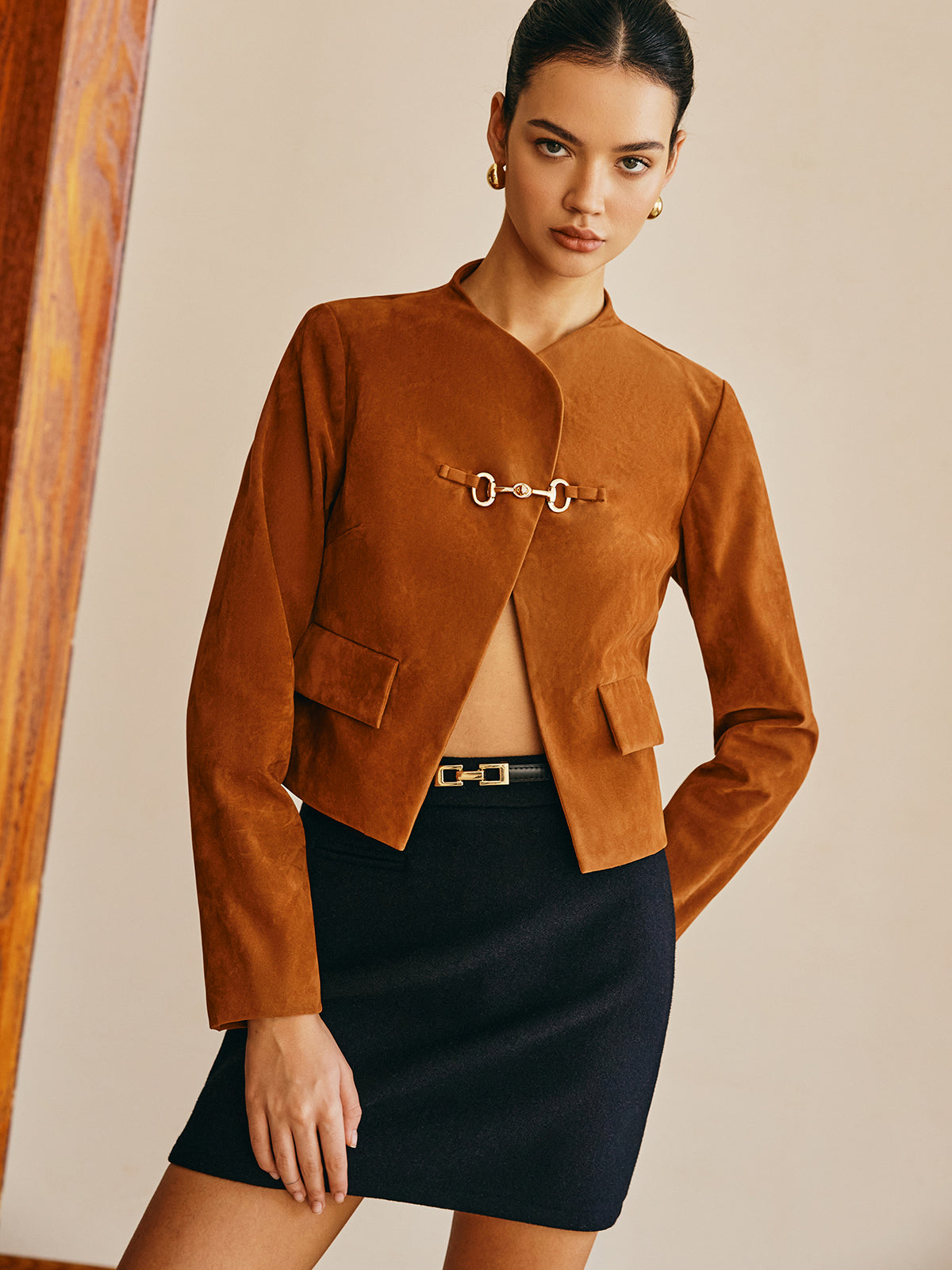 Metal-Detail Suede Effect Jacket