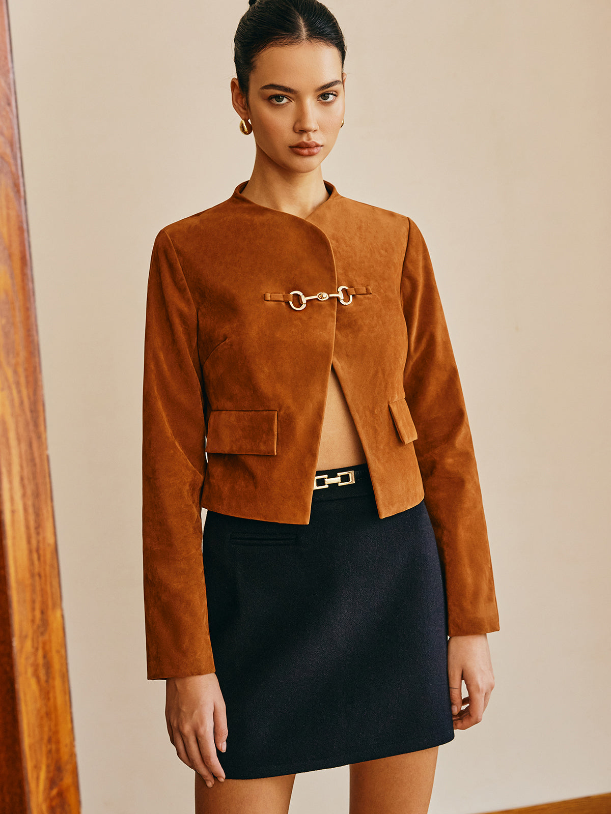 Metal-Detail Suede Effect Jacket