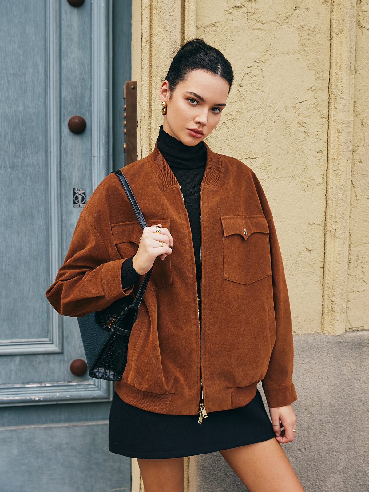 Flap-Pockets Zipper Suede Effect Jacket