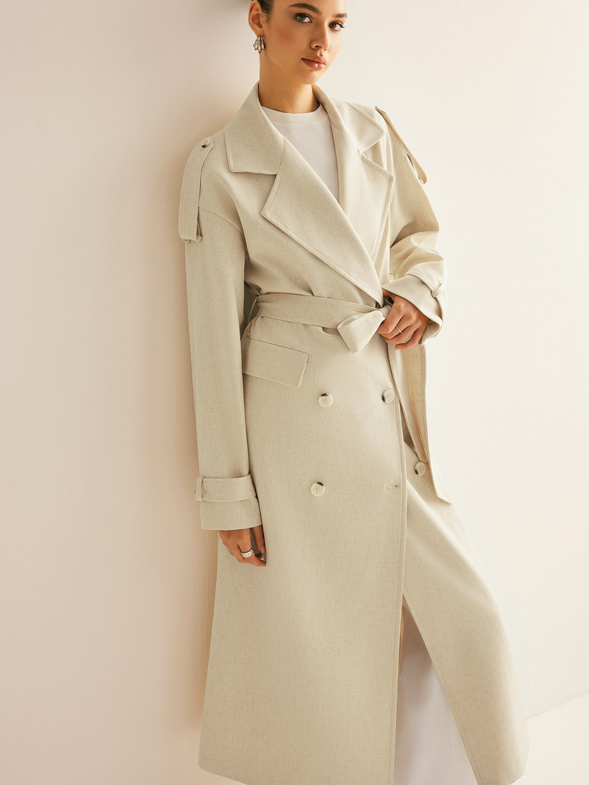 Oversized Lapel Pockets Belted Trench Coat