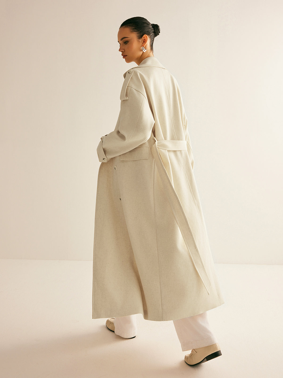 Oversized Lapel Pockets Belted Trench Coat