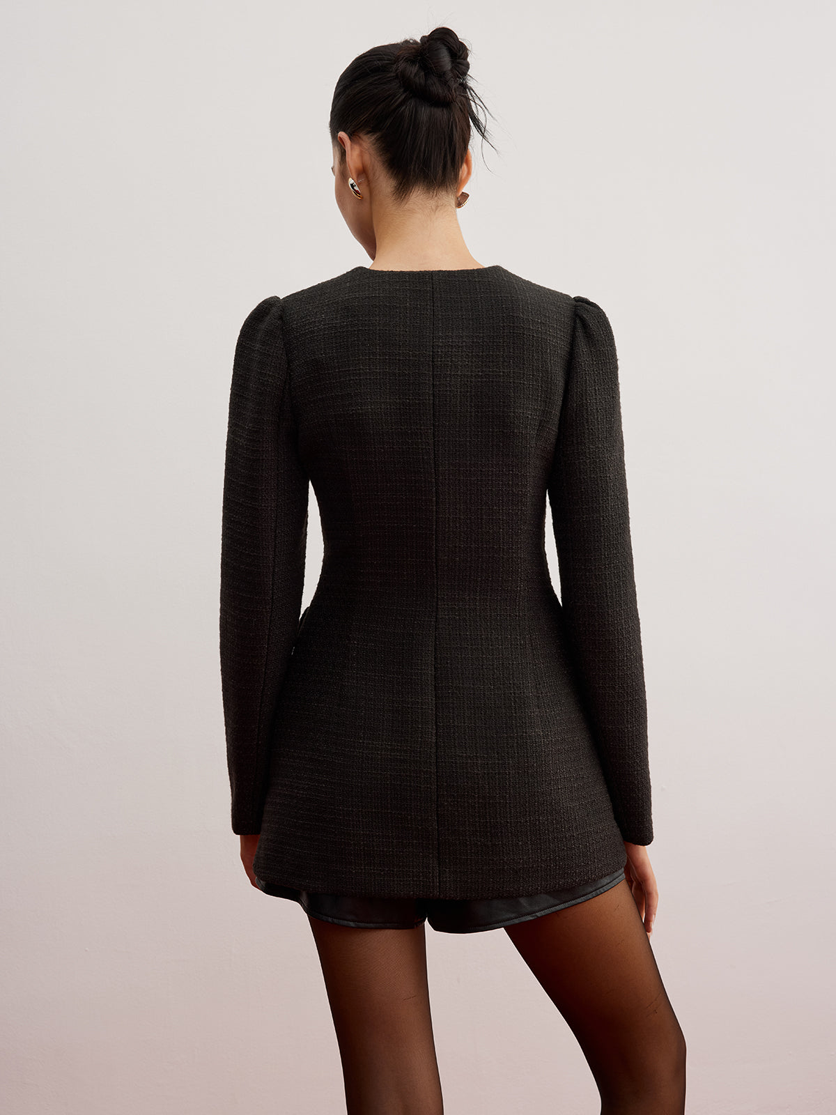 Blazer élégant en tweed à boutons, sans ceinture 