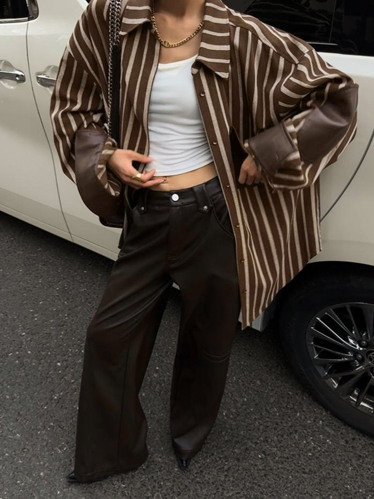 Oversized Cotton Panel Pinstripe Polo Shirt