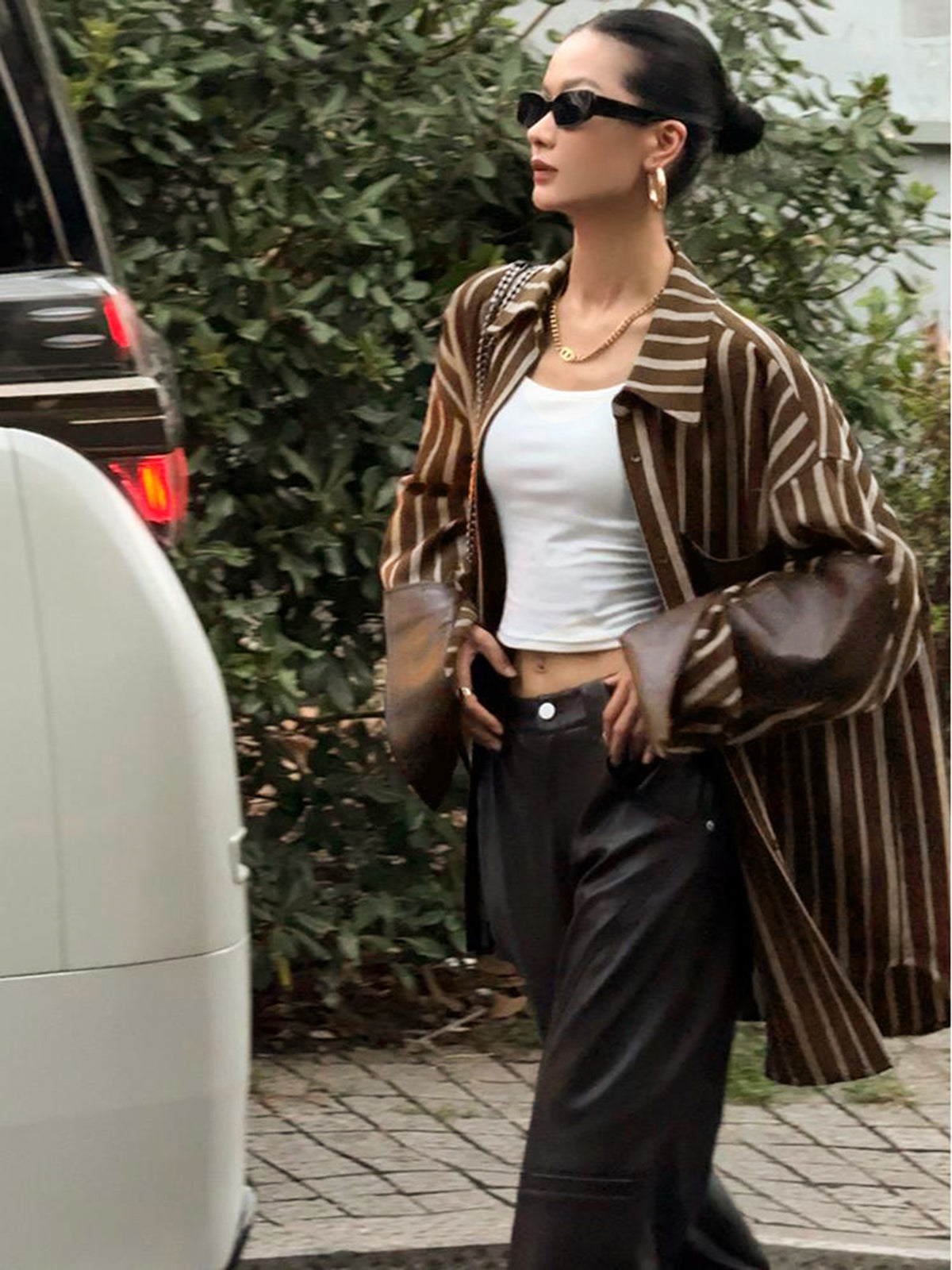 Oversized Cotton Panel Pinstripe Polo Shirt